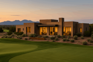 AI-generated image of a modern home situated on a golf course in Santa Fe, NM