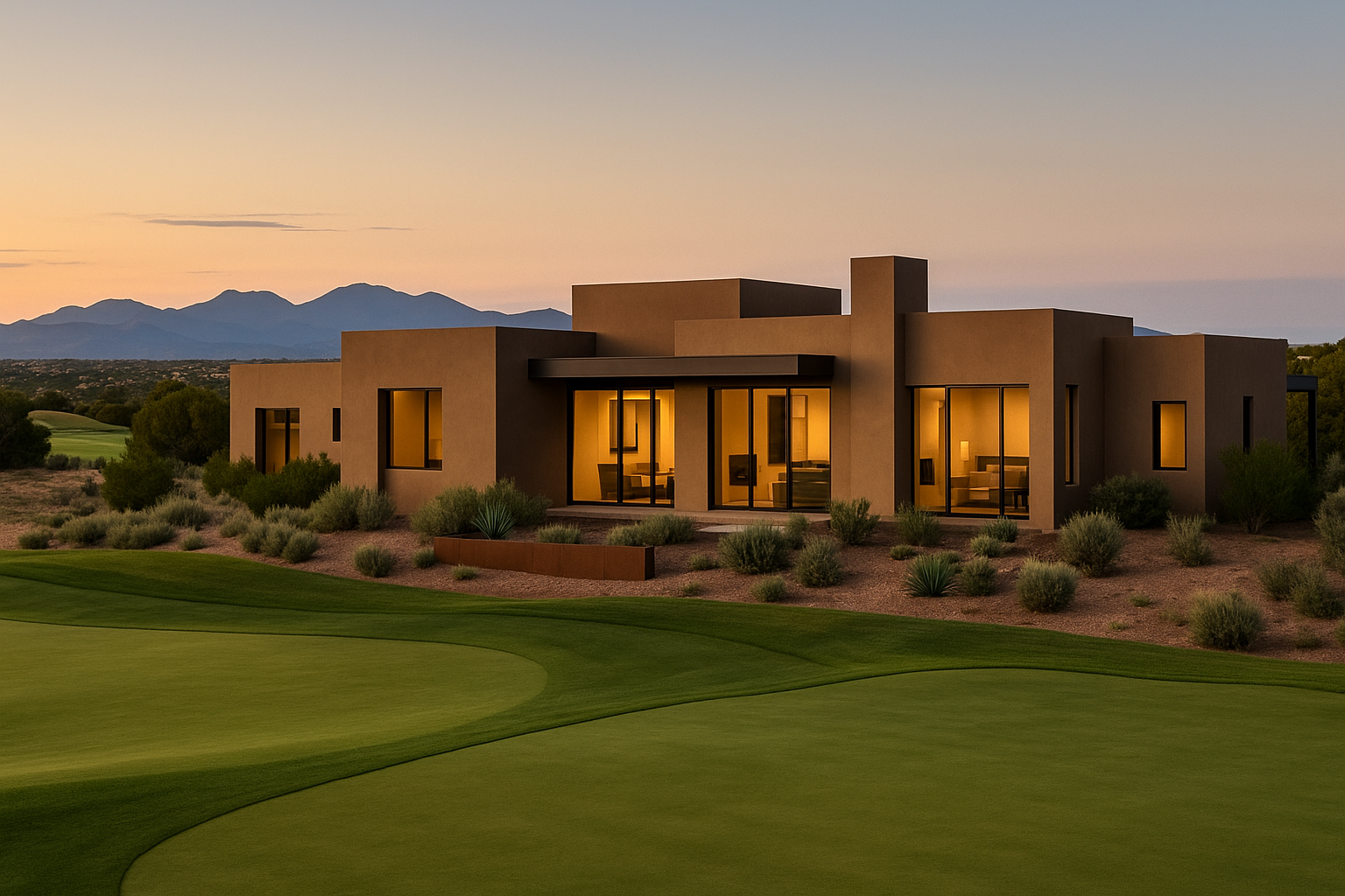 AI-generated image of a modern home situated on a golf course in Santa Fe, NM